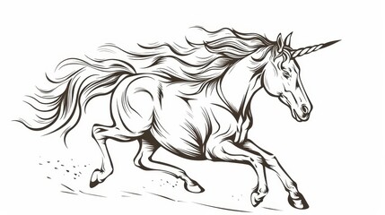 Stylized illustration of a unicorn in motion. The unicorn is depicted in a side profile, with its mane and tail flowing dramatically behind it, suggesting swift movement