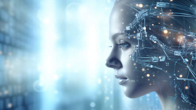 Abstract Background, Robot Girl Face , Side View, Light Blue Shades