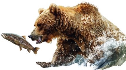 Fototapeta premium A bear is catching a fish in the water on transparent background