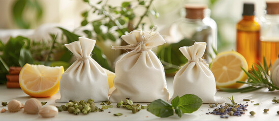Three white bags with herbs and spices on a table