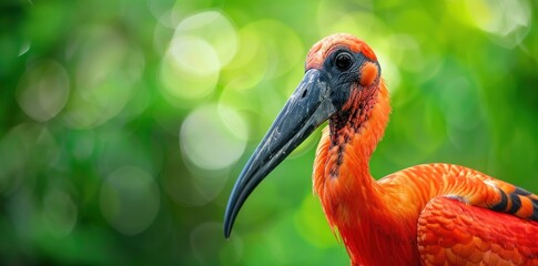 A Scarlet ibis with a long beak and red feathers. Scarlet ibis grooming its feathers in zoo. Concept Birds, Wildlife photography, Nature, Scarlet ibis, Zoo