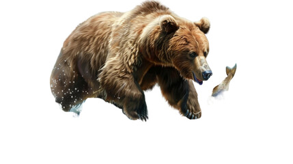 Obraz premium A bear is catching a fish in the water on transparent background