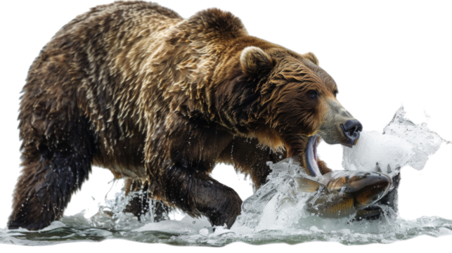 A bear is catching a fish in the water on transparent background