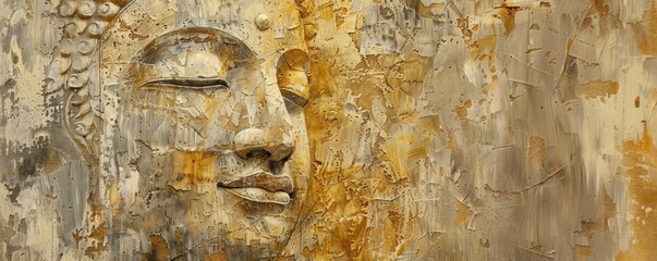 Obraz premium A painting of a Buddha face with a serene expression on a wall