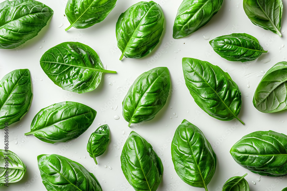 Poster a close up of many green leaves of basil. the leaves are arranged in a pattern, with some overlappin