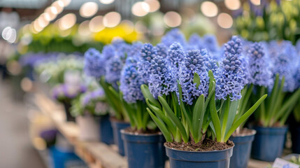 Blue violet flowering hyacinths kept in pots displayed on shelf in floristic store or at street market. Early spring, landscape gardening