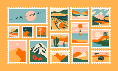 Set of retro nature landscape post card stamp. Vintage style natural environment scenery postage sticker collection, travel destination mail, beautiful tourism scenery. Includes mountain, beach view.  © Dedraw Studio