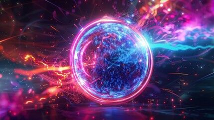 Obraz premium Neon Energy Sphere Surrounded by Dynamic Particles