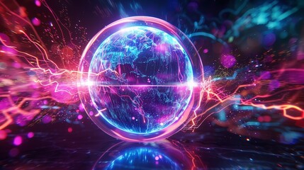 Neon Energy Sphere Surrounded by Dynamic Particles