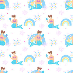 TempChildrens cute background, magic elements. Llittle mermaid seamless pattern. Vector illustration. Kids birthday, childrens magic print. late