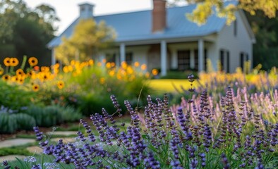 Purple Flowers Blooming in Front of a White House on a Sunny Day