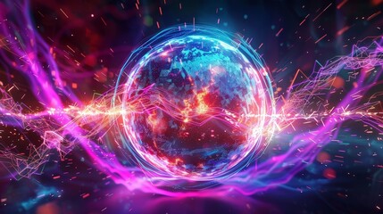 Obraz premium Neon Energy Sphere Surrounded by Dynamic Particles