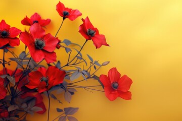 A bouquet of bright red flowers sits against a vibrant yellow background