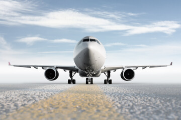 Front view of wide body passenger aircraft isolated on bright background with sky