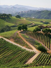 Fototapeta premium An aerial photo of a vineyard with rows of grapevines stretching across rolling hills, a small winery building nestled amongst the vines, and a dirt road leading through the property.