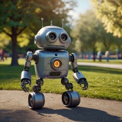 a wind-up robot with wide eyes, watching a child play in the park