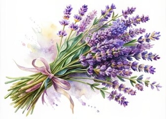 Fototapeta premium Delicate watercolor depiction of a lavender bouquet, reminiscent of Provence flora, with soft purple hues and gentle brushstrokes on a white background.