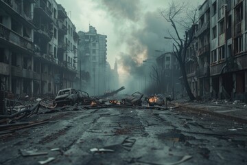 A city street littered with rubble and trash