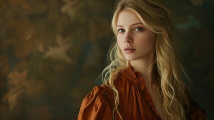 Naklejka premium A woman with long blonde hair wearing an orange dress