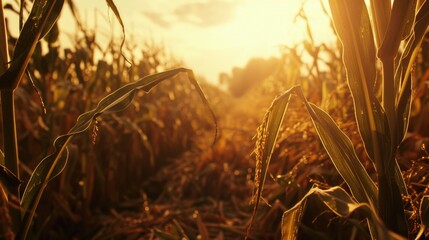 Agricultural landscape with golden sunlight and green corn stalks, ideal for rural or farming themed projects
