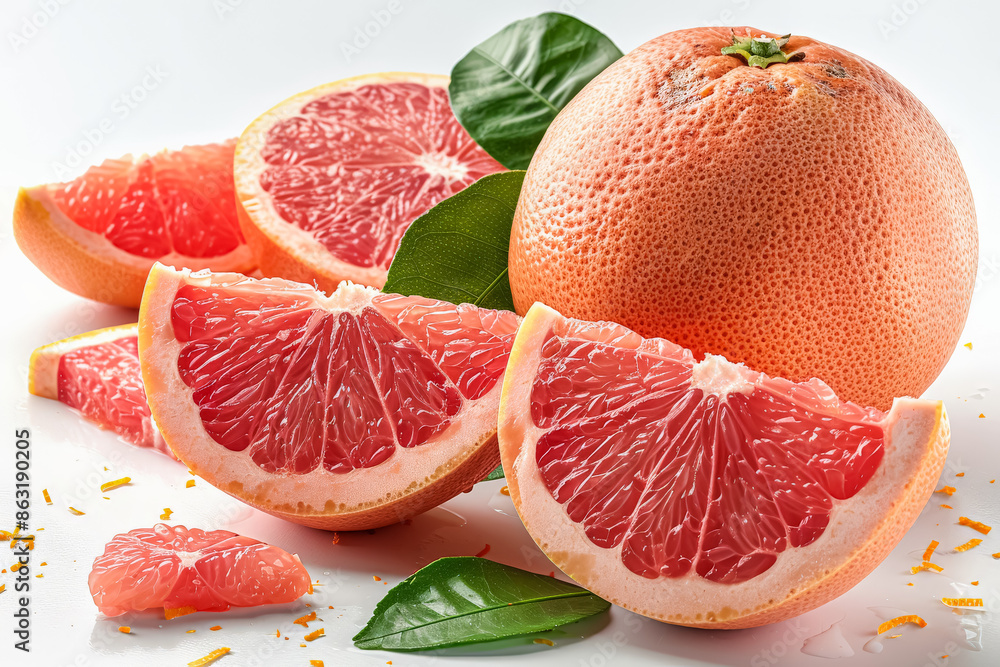 Poster a close up of a red grapefruit with a slice missing. the grapefruit is surrounded by green leaves