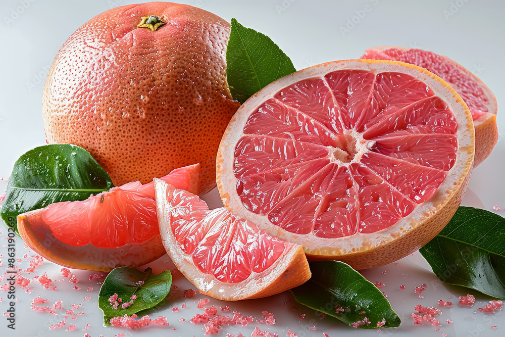 Poster a close up of a red grapefruit with a slice missing. the grapefruit is surrounded by green leaves