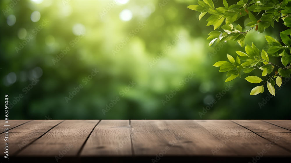 Wall mural background, wooden planks in foreground, background blurred, green natural landscape