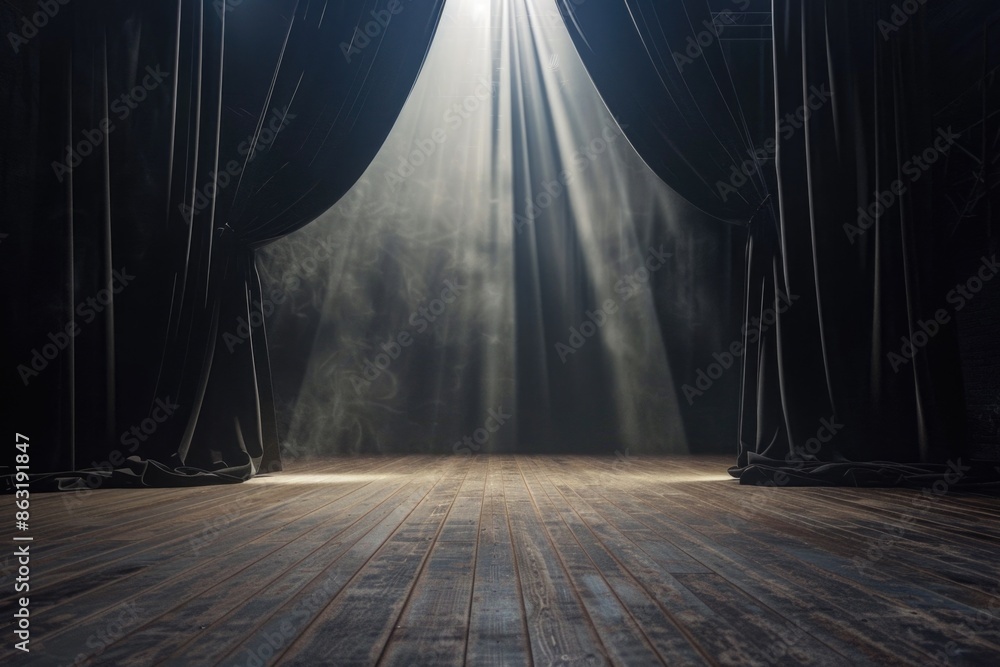 Poster a dimly lit stage with a curtain open, showing a hint of light from behind