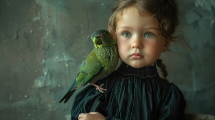 A young girl cradles a green bird in her arms, the perfect image for any nature or wildlife theme