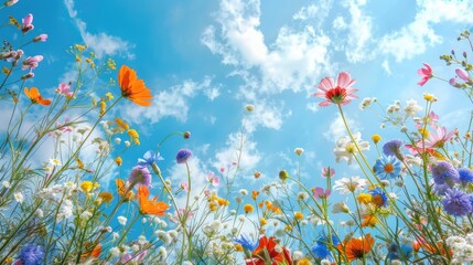 A photograph of a vibrant field of flowers with a clear blue sky in the background