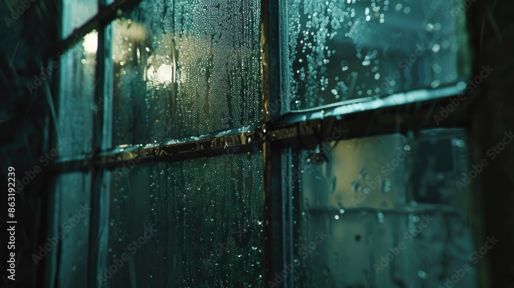 Poster a close-up shot of a window with raindrops forming a pattern, suitable for use in weather-related or