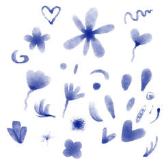 Set of blue watercolor flowers and floral botanical elements for design