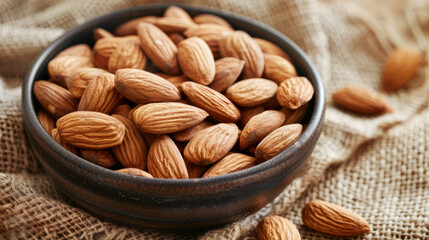 Whole almonds in a bowl on linen fabric. They are shelled, raw, and dried. They are the seeds and fruits of Prunus dulcis. You can eat them as a snack or use them to bake.