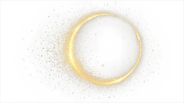 Golden circular frame with sparkles and flares, featuring abstract luminous particles and a yellow stardust light effect on a dark background. Christmas glares and sparks create a luxurious backdrop