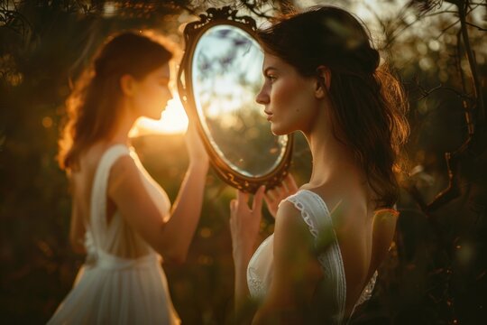 A person gazing at their reflection in a mirror, contemplating and evaluating their appearance