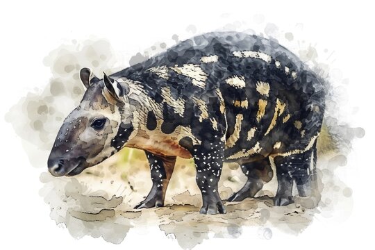 Watercolor illustration of a baby tupa (tapir) in a natural environment