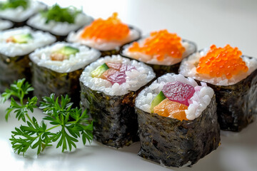 A sushi roll with avocado and salmon on top. The sushi roll is on a white plate with a green garnish