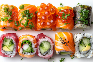 A plate of sushi with a variety of different types of sushi rolls. The sushi rolls are arranged in a visually appealing manner, with some rolls being more colorful than others