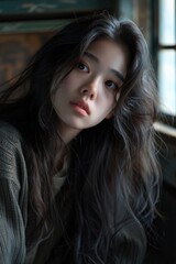 A woman sits by a window with long dark hair, possibly lost in thought