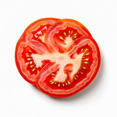 A close up of a tomato slice with the seeds visible. The slice is cut in half, revealing the seeds and the red flesh of the tomato. Concept of freshness and natural beauty