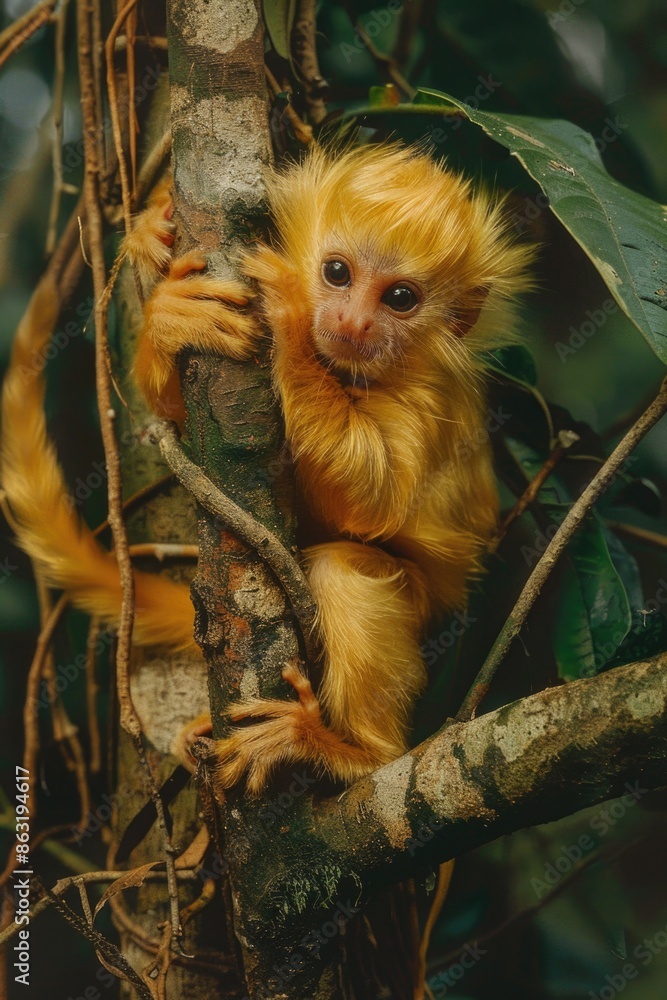 Poster a small monkey sits atop a tree branch, looking out into the surrounding environment