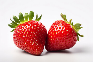 Two red strawberries are placed next to each other on a white background. Concept of freshness and natural beauty, as the strawberries are ripe and ready to be eaten