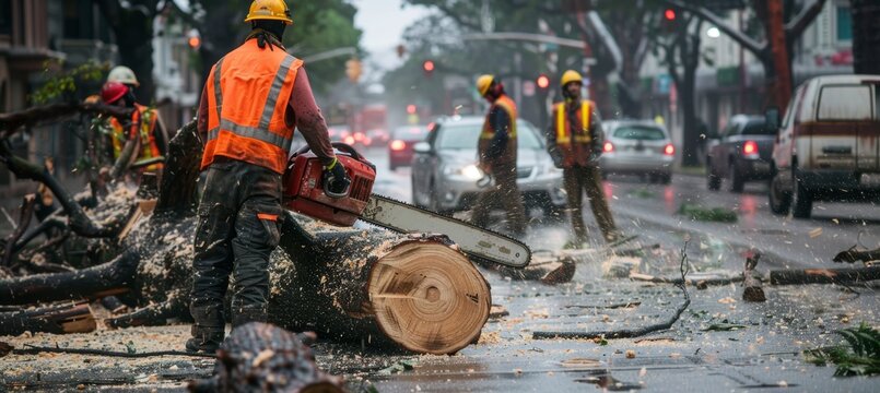 Urban Workers Using Chainsaw to Clear Fallen Tree Trunk Blocking City Road