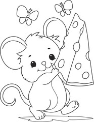Coloring page outline of the cartoon smiling cute mouse with cheese. Colorful vector illustration, summer coloring book for kids.