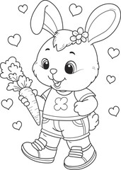 Coloring page outline of the cartoon cute rabbit with carrot. Colorful vector illustration, summer coloring book for kids.