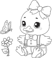 Coloring page outline of the cartoon smiling cute duck with butterfly. Colorful vector illustration, summer coloring book for kids.