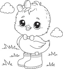 Coloring page outline of the cartoon smiling cute little chick. Colorful vector illustration, summer coloring book for kids.