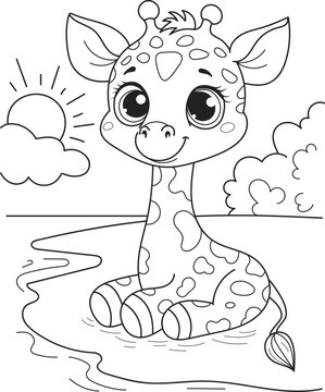 Coloring page outline of the cartoon smiling funny giraffe. Colorful vector illustration, summer coloring book for kids.