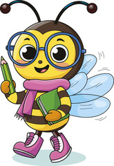 Coloring page outline of the cartoon smiling cute bee goes to school. Colorful vector illustration, summer coloring book for kids.