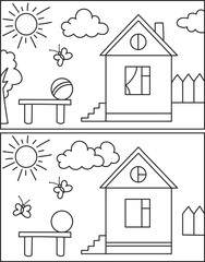 Find ten differences. House. Coloring page outline of the cartoon game. Colorful vector illustration of educational game for preschool children, summer coloring book for kids. 